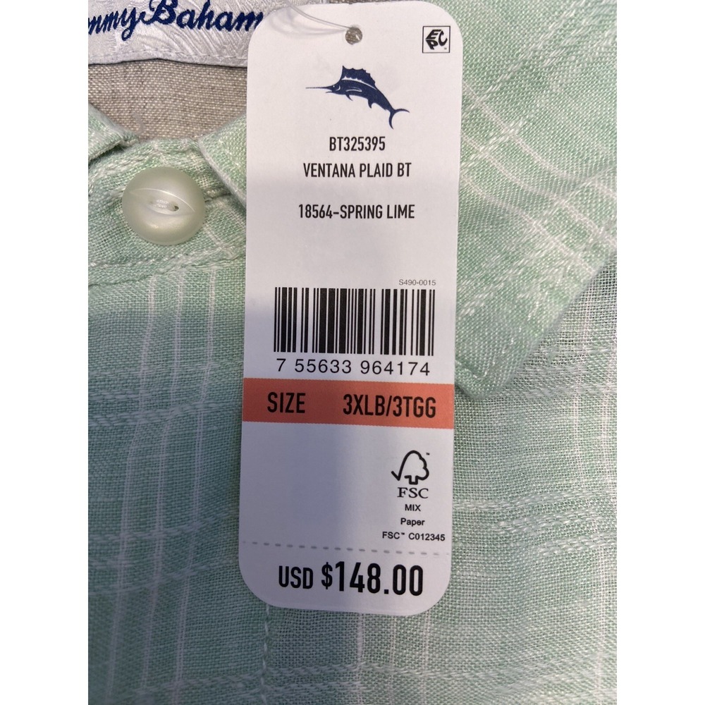 Men's Tommy Bahama Ventana Plaid Button Up Shirt Spring Lime 100% Linen 3XLB New - Picture 11 of 13